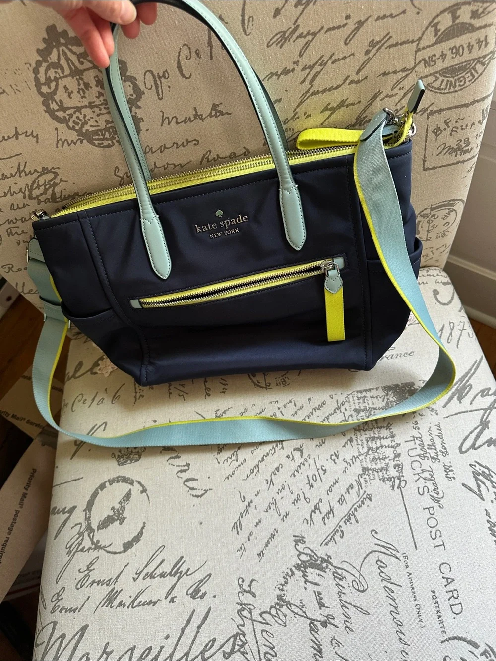 kate spade Navy Shoulder Tote with Mint Handles and Yellow Trim